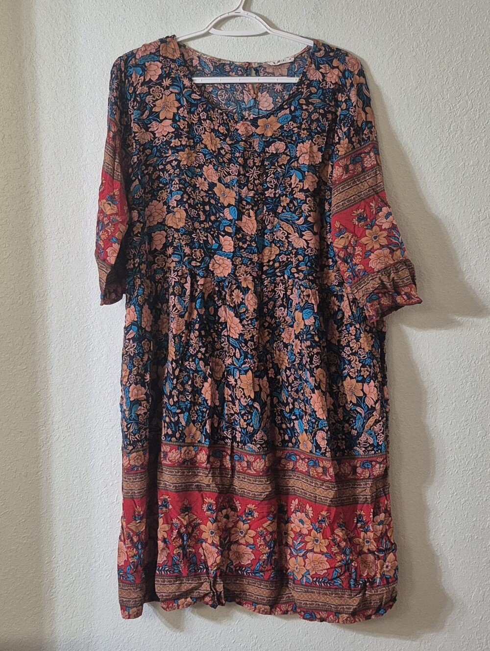 Boho Floral Midi Dress in Navy with Coral Accents